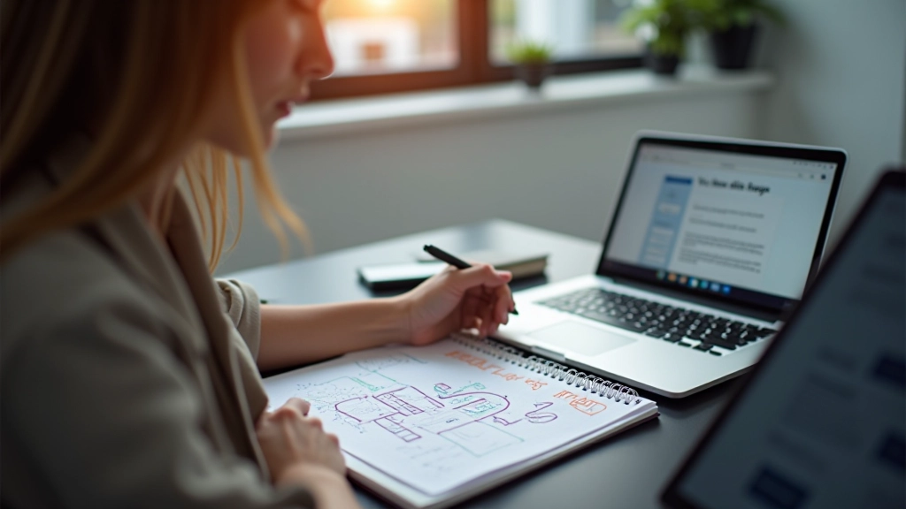 Diagrama visual de metodologia design thinking numa superfície de trabalho moderna