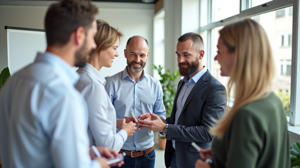 Diferentes pessoas a contribuir ideias num ambiente colaborativo com flipchart visível