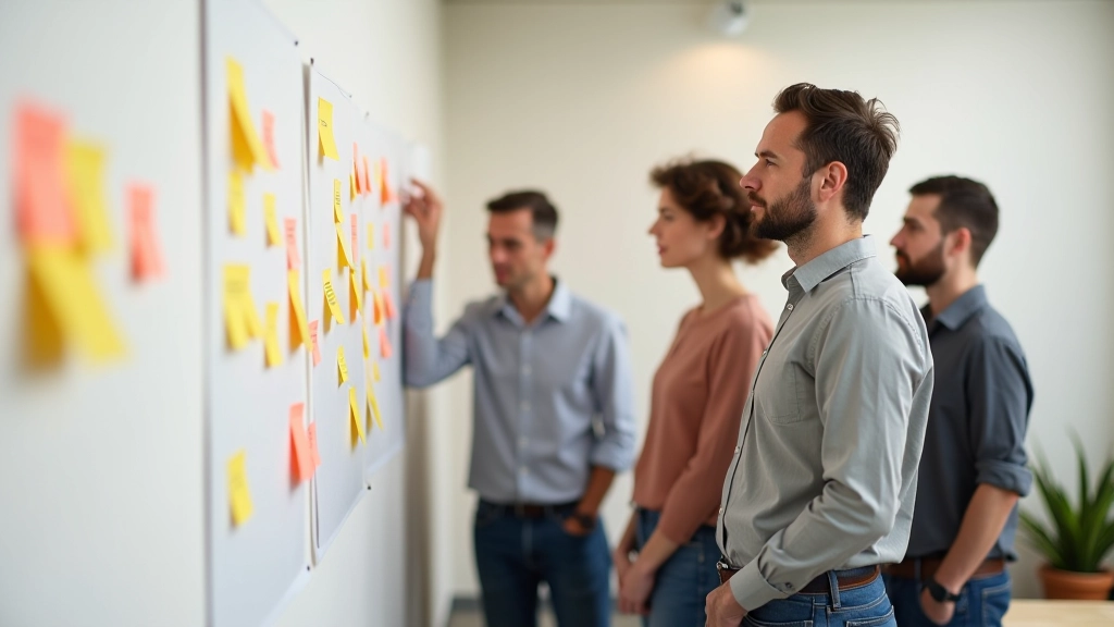 Equipa colaborativa em sessão de trabalho com Post-its coloridos numa parede branca, discutindo ideias de projeto