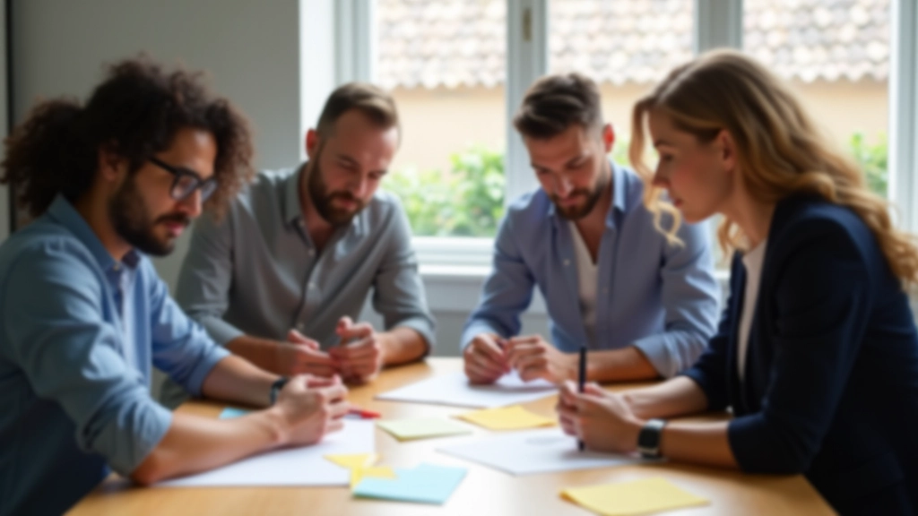 Grupo de profissionais em sessão de brainstorming ao redor de mesa com notas adesivas e ideias visuais
