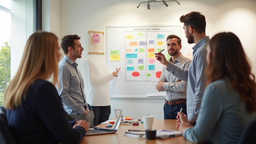 Grupo de pessoas numa sala com quadro branco durante uma sessão de brainstorming