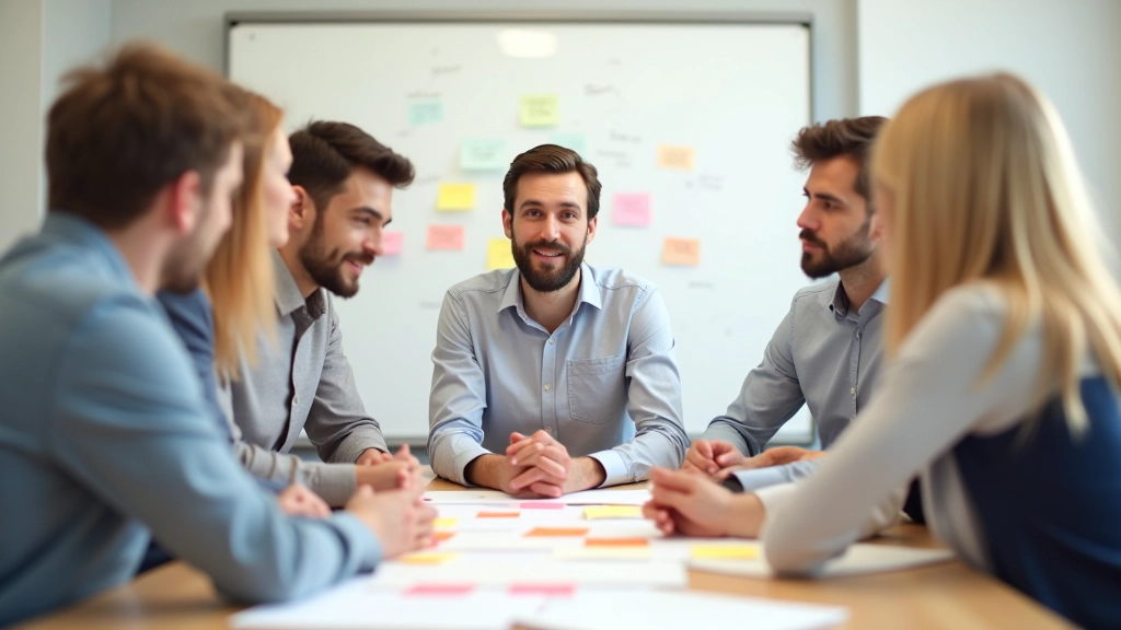 Pessoas num workshop criativo colaborando com notas adesivas e quadro branco cheio de ideias e conexões
