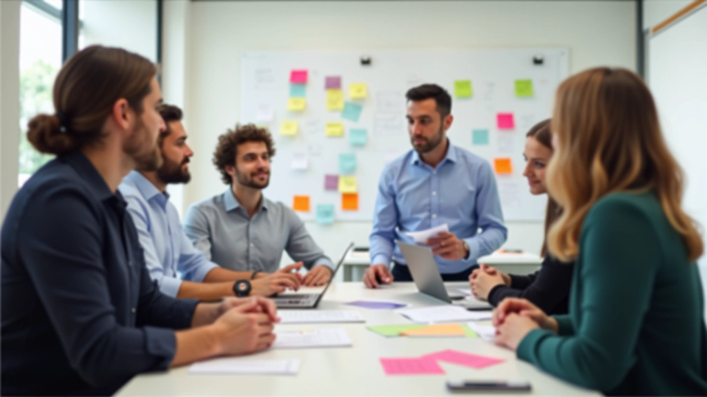 Equipa em sessão de trabalho colaborativo com anotações e ideias em quadros brancos