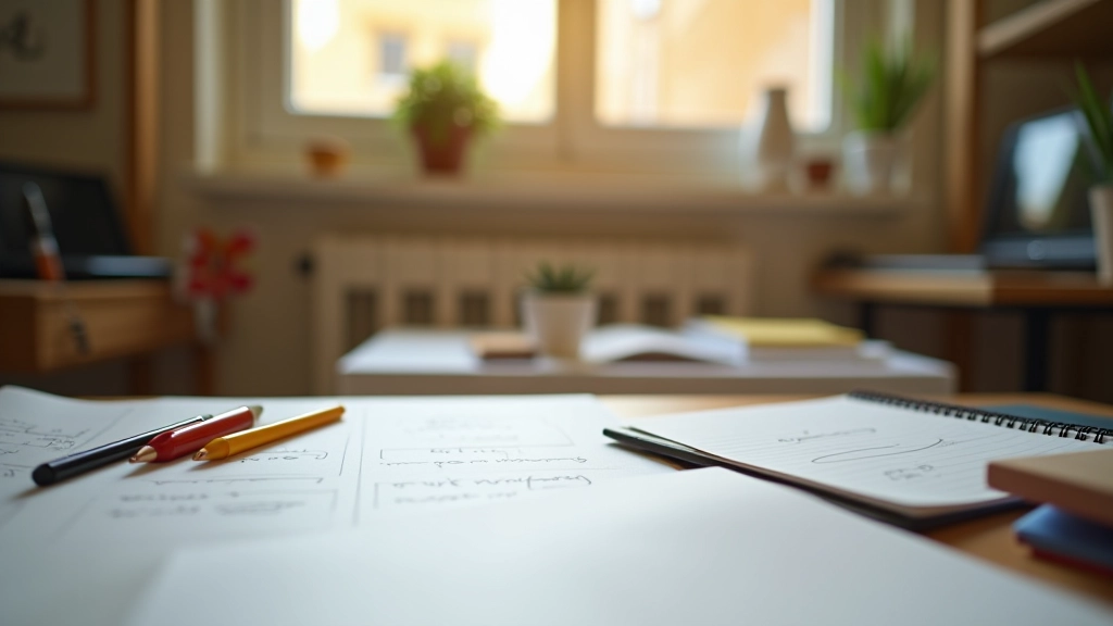 Ambiente de trabalho criativo com papel, canetas e ideias escritas mostrando o processo prático de brainstorming